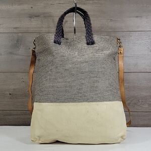 Clare V. Striped Canvas Leather Two-Tone Tote Bag with Braided Handles Backpack